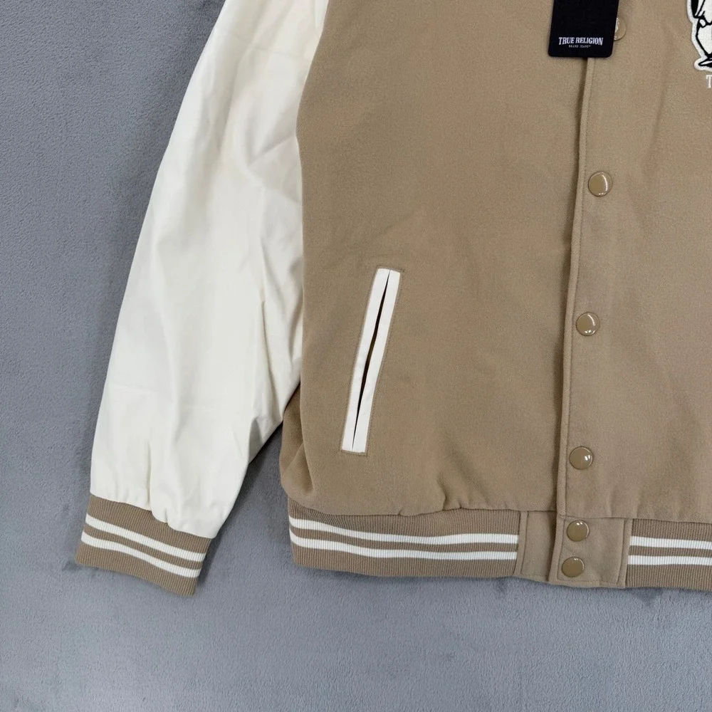 True Religion Mens Two Toned Varsity Jacket‎ Travertine White Hooded Size L